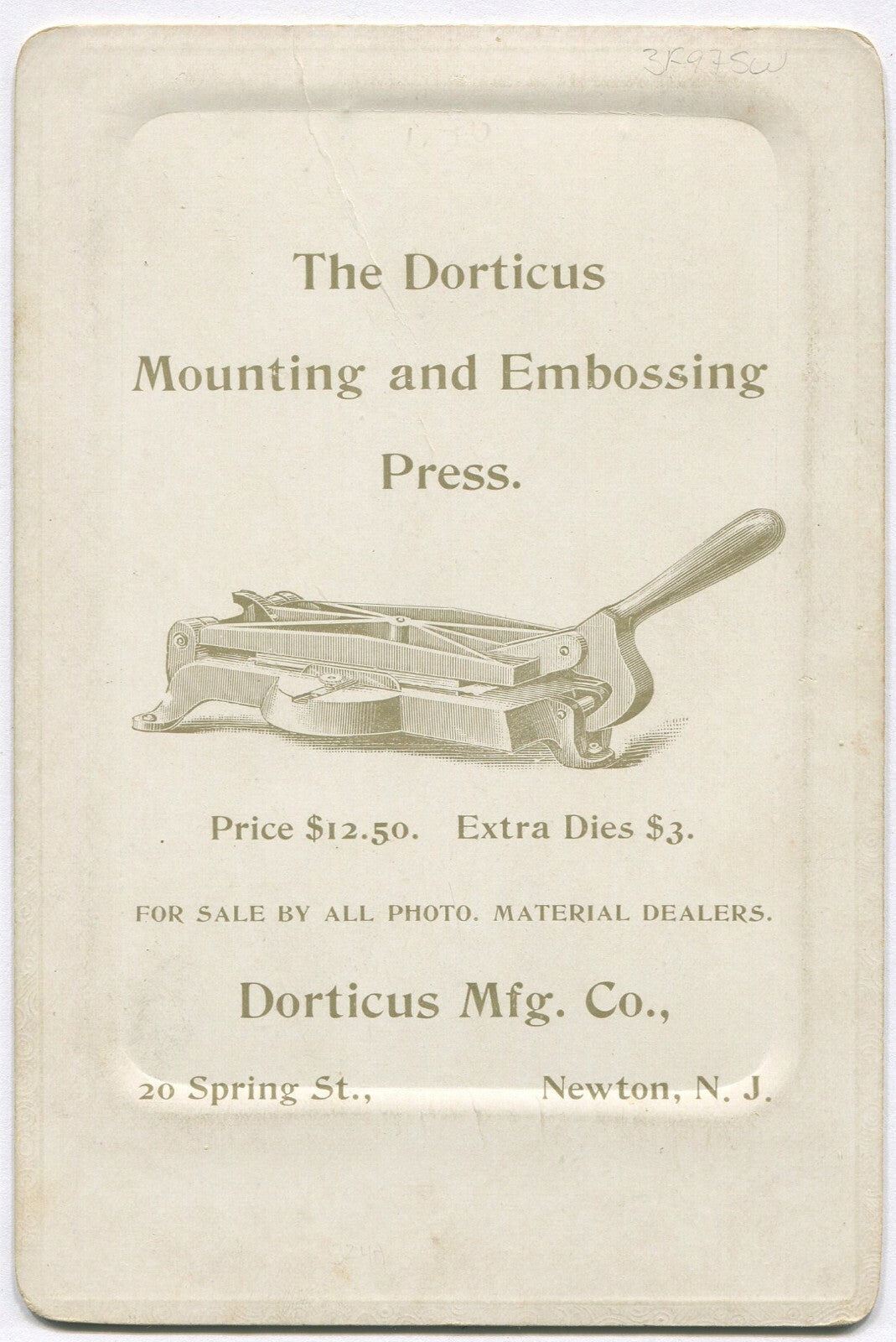 WEDDING PHOTO AND DORTICUS EMBOSSING PRESS ADVERTAINMENT. CABINET CARD. N.J.