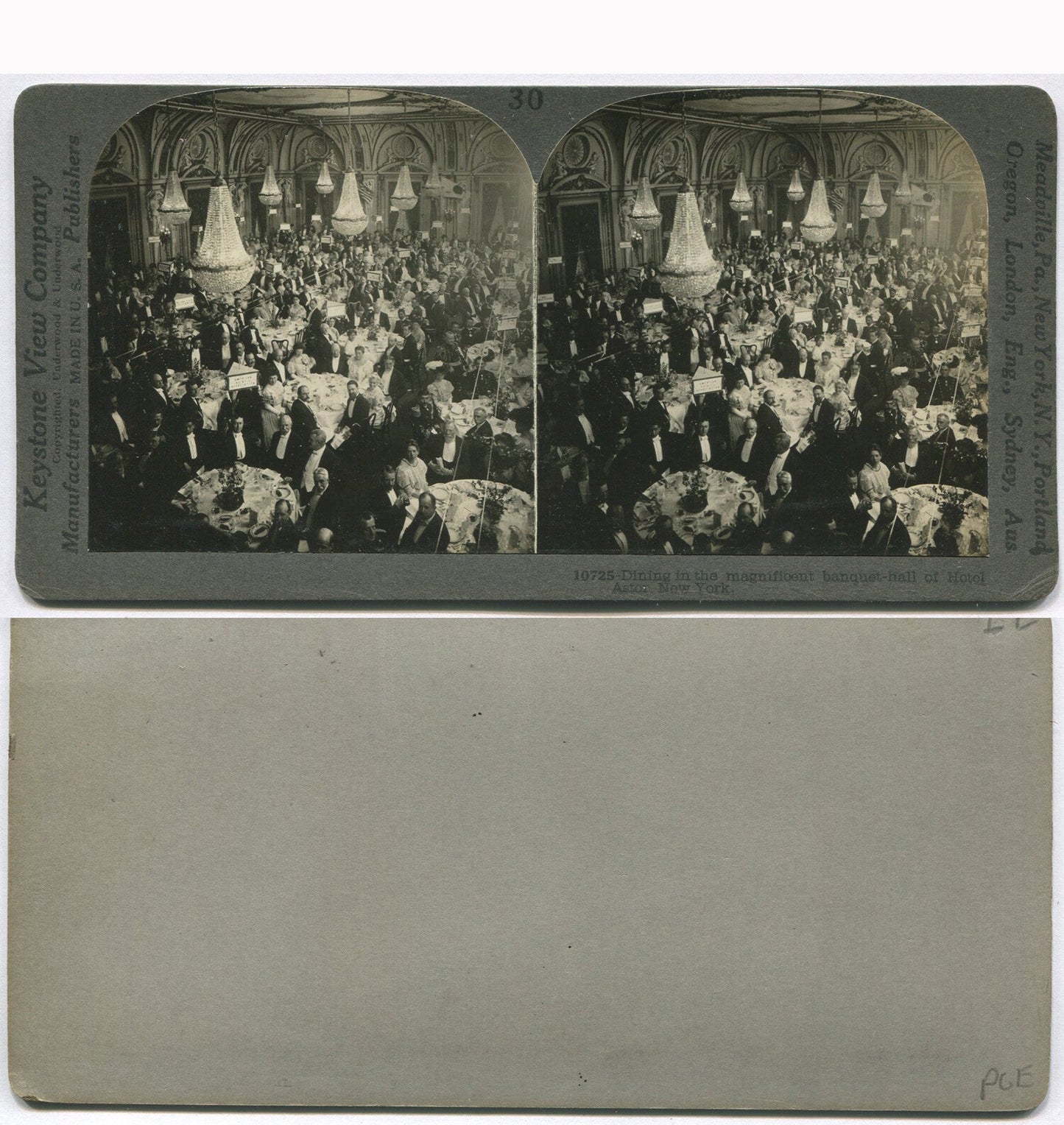 CHANDELIER DRAPED HOTEL DINING ROOM. STEREOVIEW.