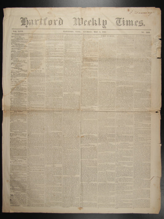 VINTAGE NEWSPAPER: HARTFORD WEEKLY TIMES SATURDAY MAY 3, 1863 29X22