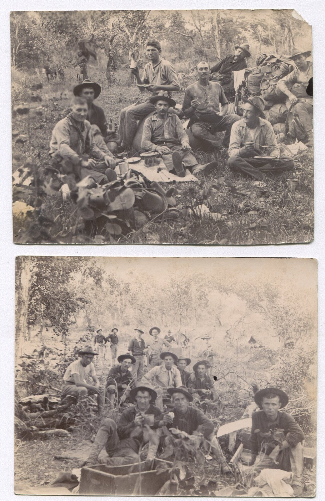 K TROOPS IN THE FIELD HAVING CHOW. 2 SET 3.5X4.5 1890-1910s.