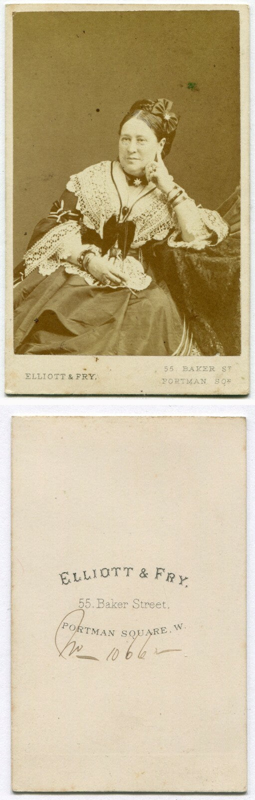 WOMAN IN VERY BUSY OUTFIT, LACE TRIM, NECKLACE, HAIR BOW. CDV. LONDON, ENGLAND.