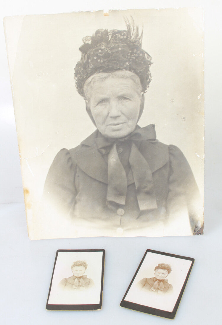 PORTRAIT OF OLDER WOMAN IN LARGE FEATHERED HAT - SET OF THREE CDVS & LARGE PHOTO