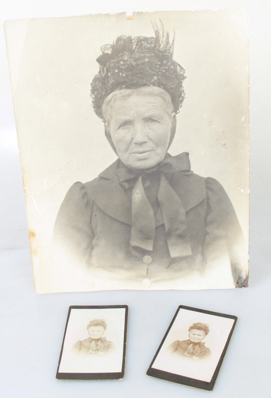 PORTRAIT OF OLDER WOMAN IN LARGE FEATHERED HAT - SET OF THREE CDVS & LARGE PHOTO