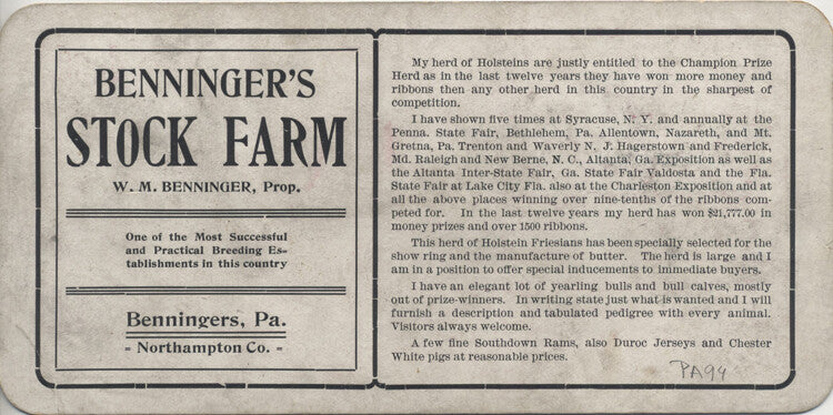STEREOVIEW OF PRIZE WINNING COWS FROM BENNINGERS STOCK FARM - BENNINGERS, PA