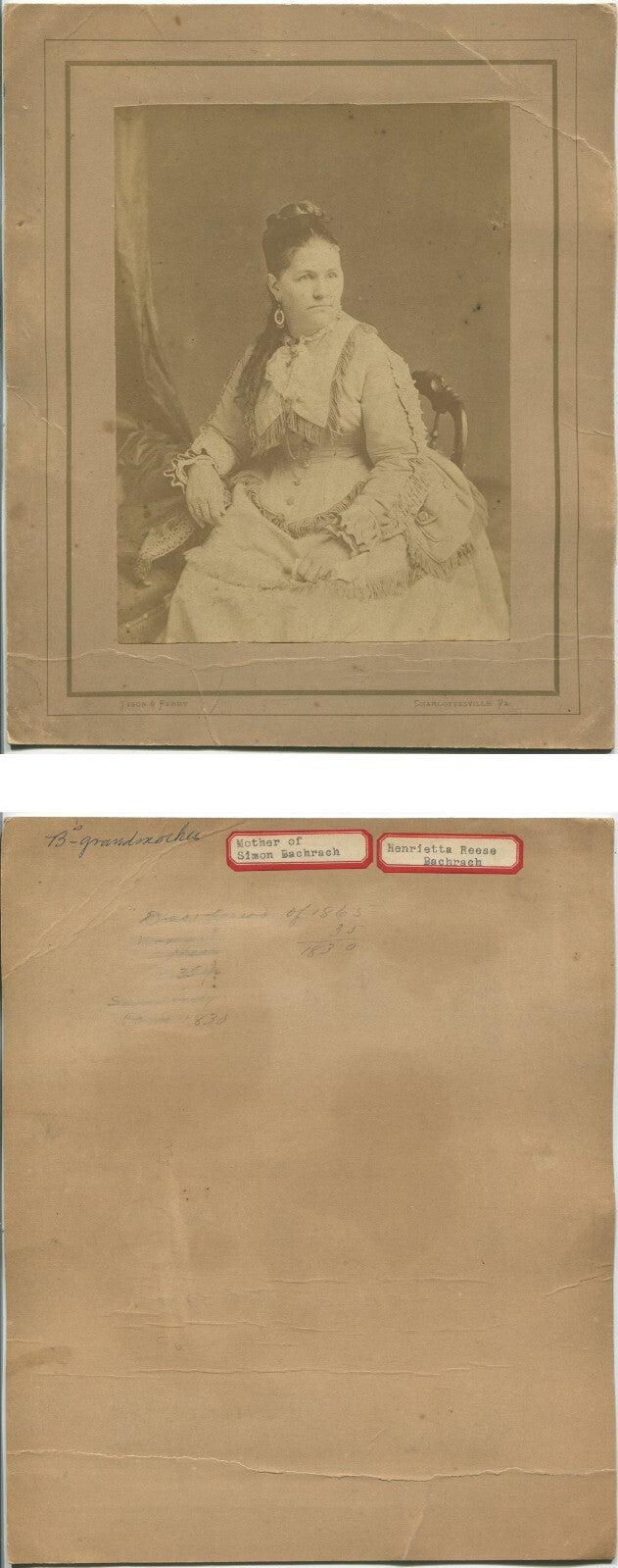 WOMAN POSED IN FRINGE TRIMMED DRESS, ALBUMEN, 7.5 X 5.5 INCHES. CHARLOTTESVILLE.