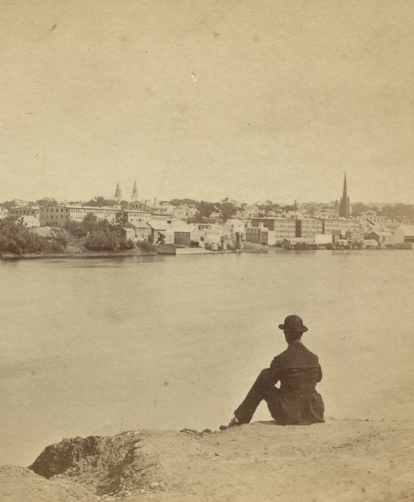 Vintage Stereoview: Lone Figure Across the River from Town, Massachusetts - Rare