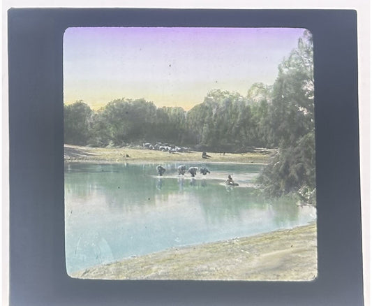 VINTAGE HAND TINTED LANTERN SLIDE SHEPERDS CROSSING RIVER JORDAN  3.25X4IN