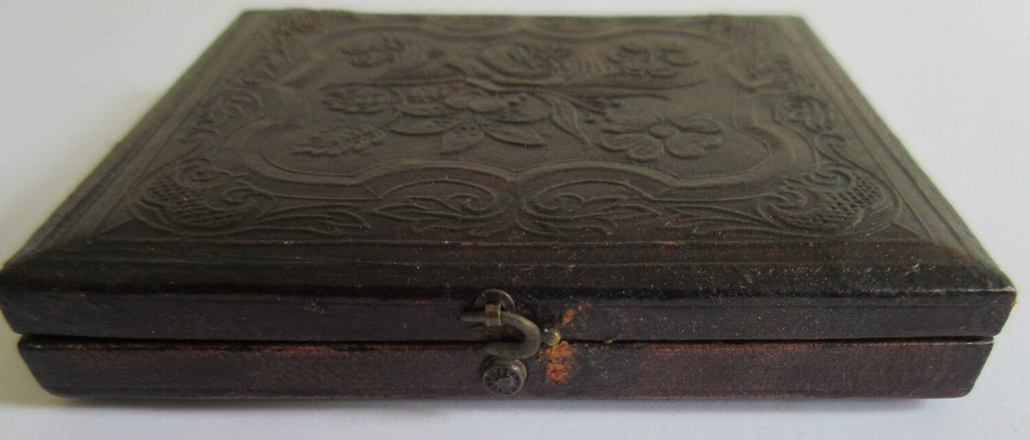 MAN, PIERCING EYES, PAINTED BACKGROUND. 6TH PLATE DAGUERREOTYPE, FULL CASE.