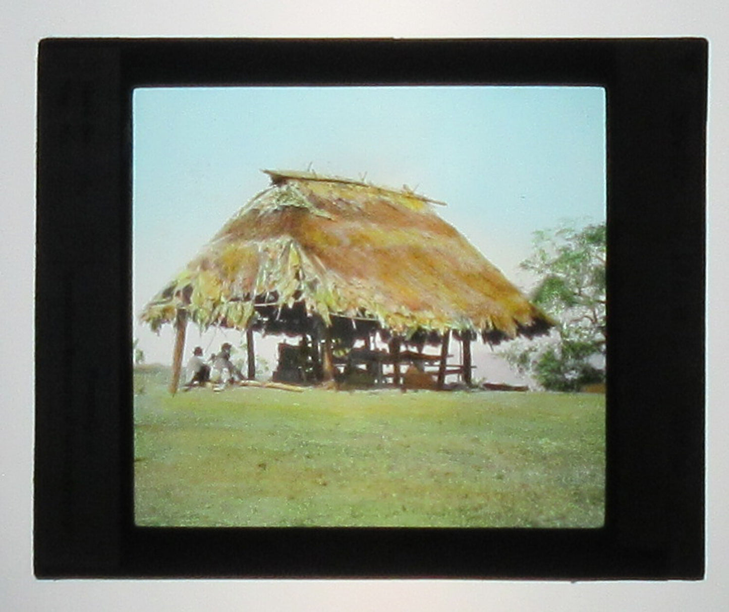 TRADITIONAL HUT, PANAMA. TINTED PHOTO ON GLASS. HAND COLORED PHOTO ON GLASS.