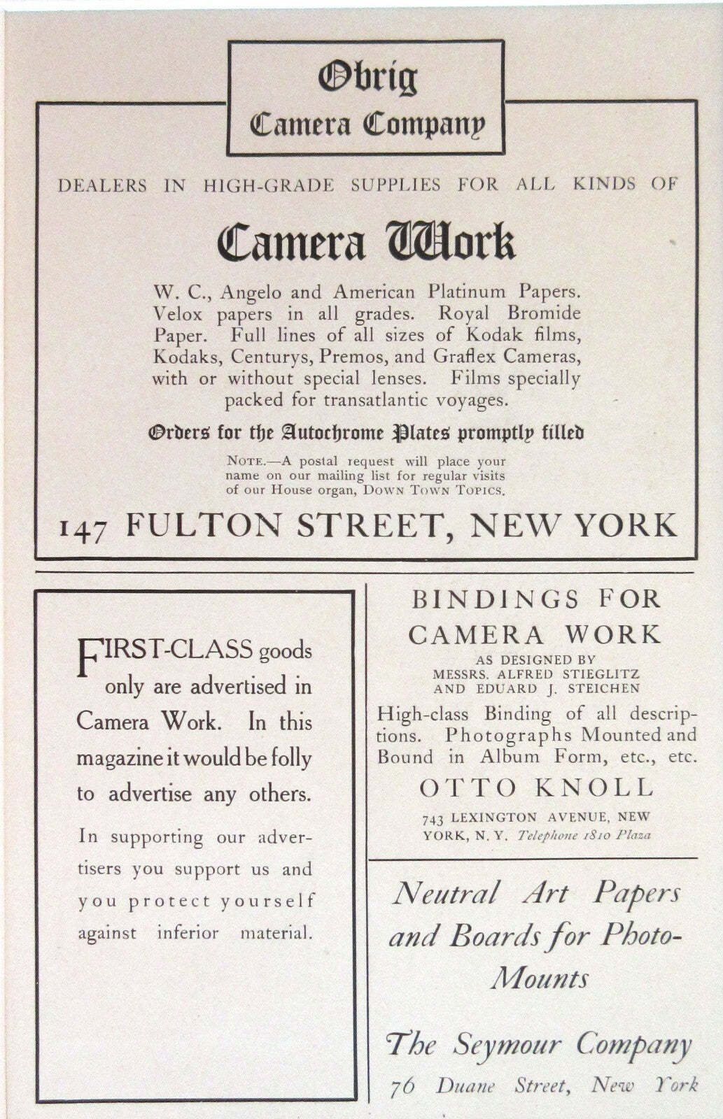 ALFRED STIEGLITZ CAMERA WORK NUMBER 26, CLASSIFIED PAGE IN 11X14 ARCHIVAL MAT.