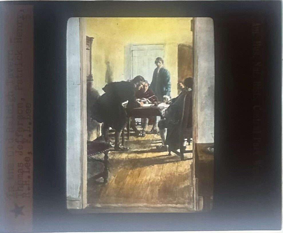 VINTAGE LANTERN SLIDE " In The Old Raleigh Tavern" Jefferson/Henry/Lee  3.25X4IN