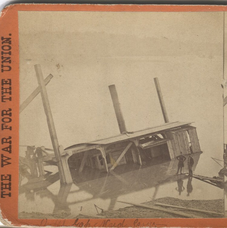 CIVIL WAR STEREOVIEW OF DUTCH GAP MUD SCOW SINKING FROM CONFEDERATE ATTACK