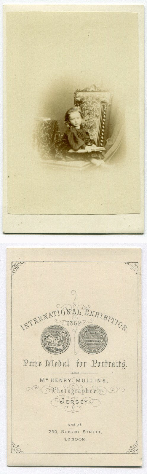 VERY YOUNG GIRL POSED READING A BOOK ON A VERY BIG CHAIR. CDV. JERSEY, U.K.