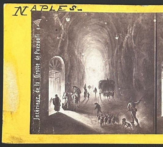 Vintage StereoView Card Interior of Grotto di Pozzuoli Naples Italy 3.5x7in