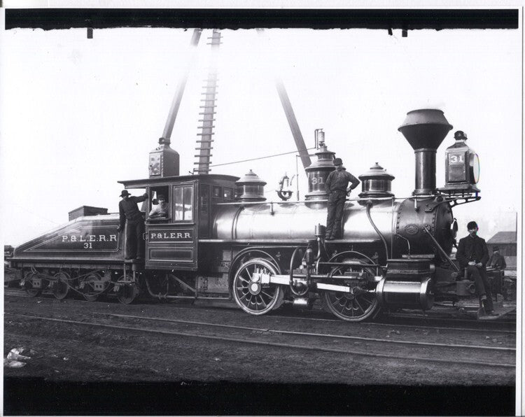 8X10 REPRINT OF P&LE RR LOCOMOTIVE 31 W/ WORKERS, 1888