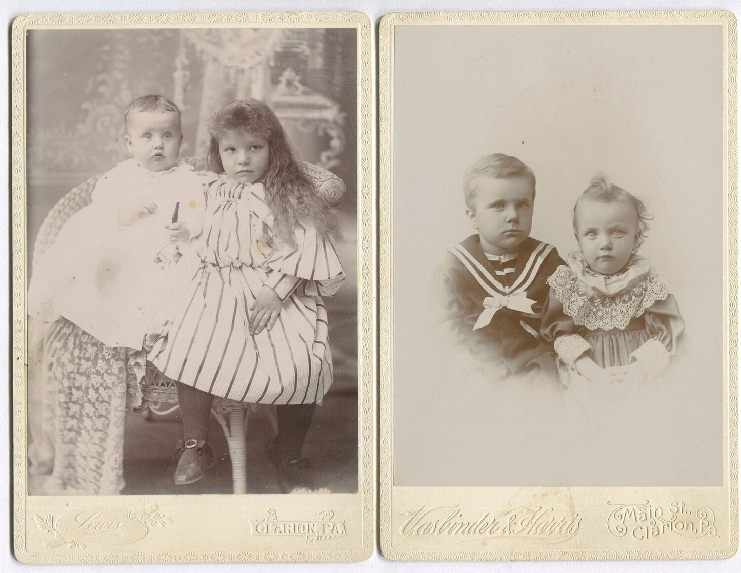 YOUNG SIBLING PORTRAITS, NOT EVERYONE IS HAPPY. CABINET CARD 2 SET.