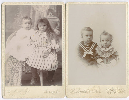 YOUNG SIBLING PORTRAITS, NOT EVERYONE IS HAPPY. CABINET CARD 2 SET.