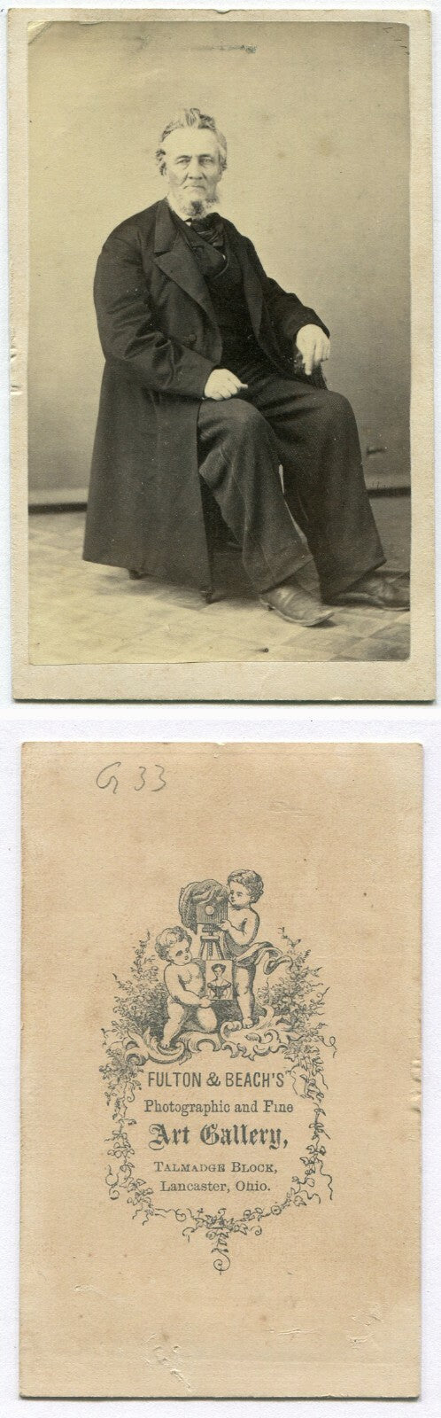 TIRED LOOKING OLD MAN W/BEARD, LONG COAT. CDV.LANCASTER, OHIO.