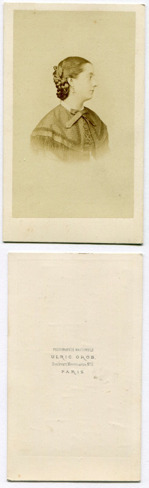 WOMAN, PROFILE POSE, BRAIDED HAIR. CDV, PARIS. MAKER MARK ON CARD BACK.