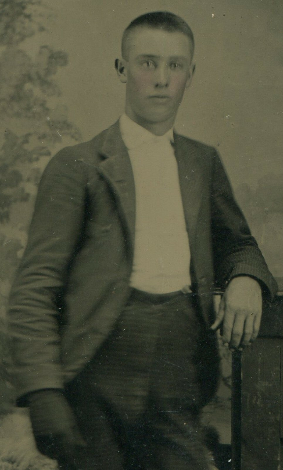 Vintage Tintype Photo - Man with One Gloved Hand, Painted Background, 3.75 x 2.5 in, Original Old Photo