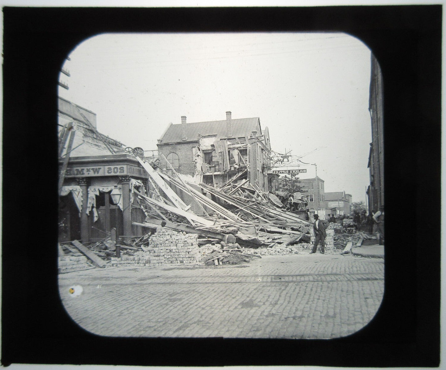 Vintage Building Collapse Aftermath Magic Lantern Slide - Original Glass Photo, 3.25x3.5 in Wear