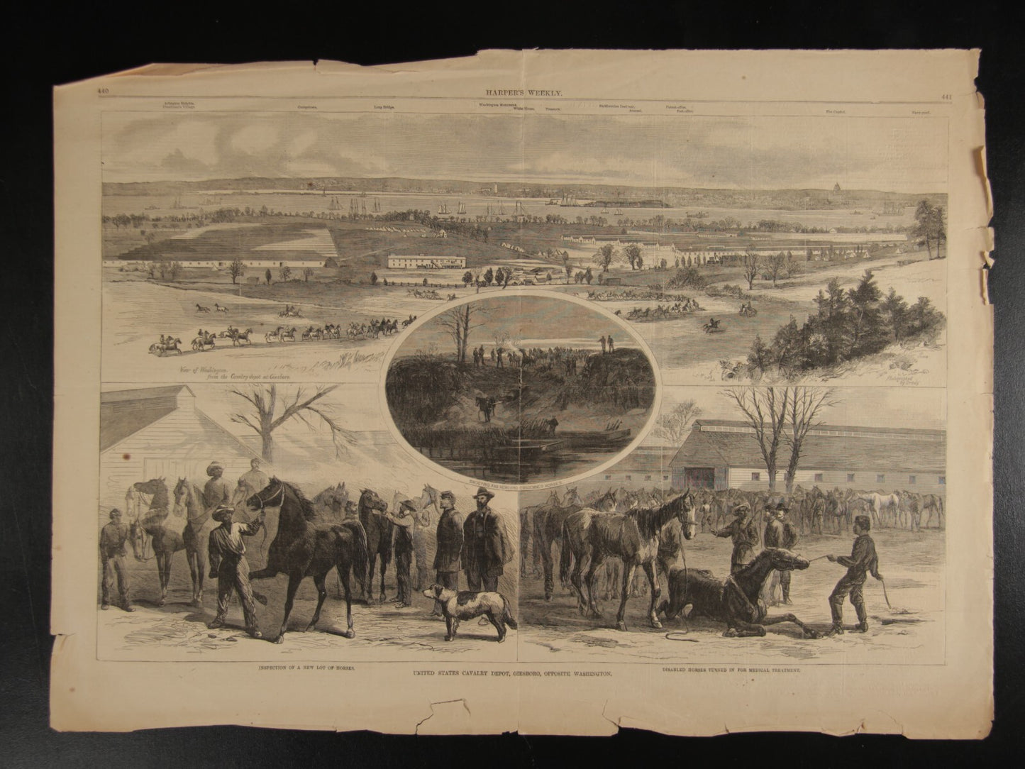 VINTAGE HARPERS WEEKLY NEWSPRINT SPREAD "UNITED STATES CAVALRY DEPOT" 16.5 X 23"