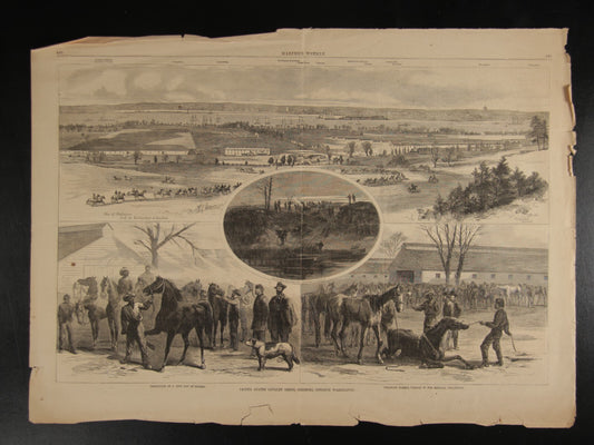 VINTAGE HARPERS WEEKLY NEWSPRINT SPREAD "UNITED STATES CAVALRY DEPOT" 16.5 X 23"