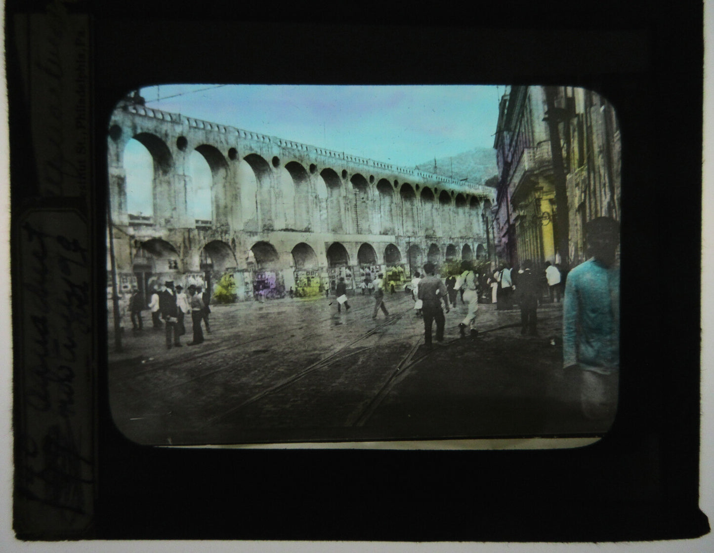 AQUEDUCT AND STREET BELOW. TINTED LANTERN SLIDE.