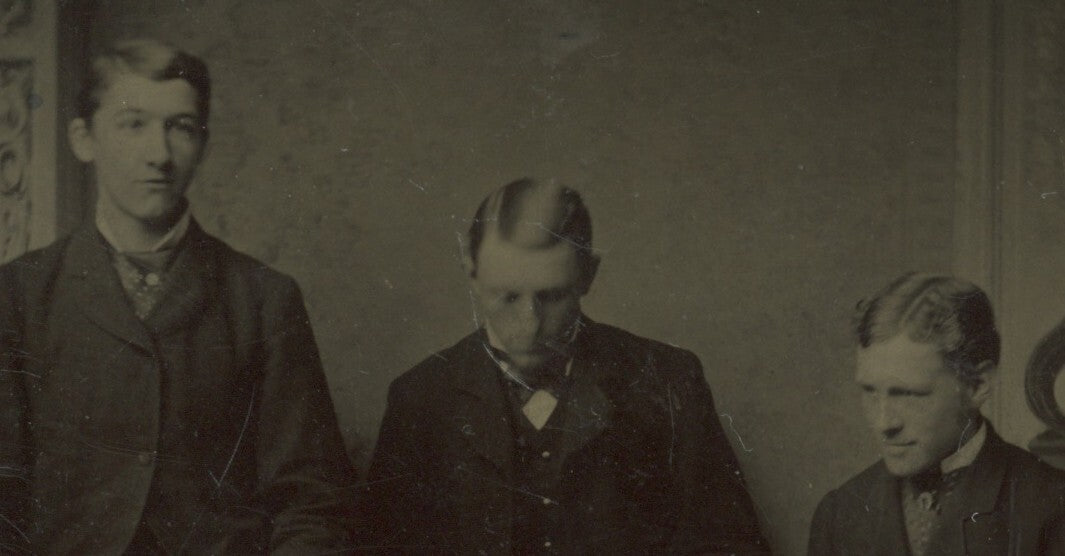 OCCUPATIONAL TINTYPE, BROTHERS, TAILORS ONE WI/ CUTTING SHEARS,1/6 PLATE