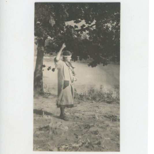 VINTAGE PHOTO - NATIVE AMERICAN WOMAN BY RIVER. BRAIDS, FRINGE DRESS & NECKLACE