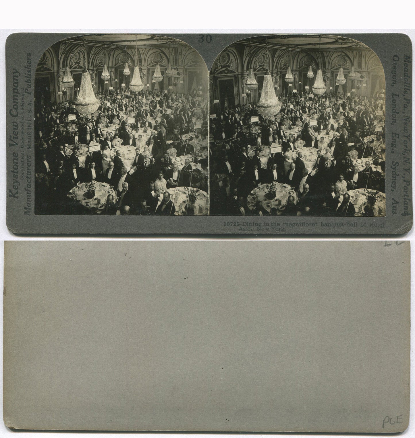 CHANDELIER DRAPED HOTEL DINING ROOM. STEREOVIEW.