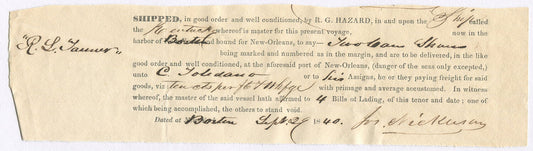 BILL OF LADING PURCHASE BY ROWLAND HAZARD, CLOTHING FOR ENSLAVED PEOPLE. 1840.