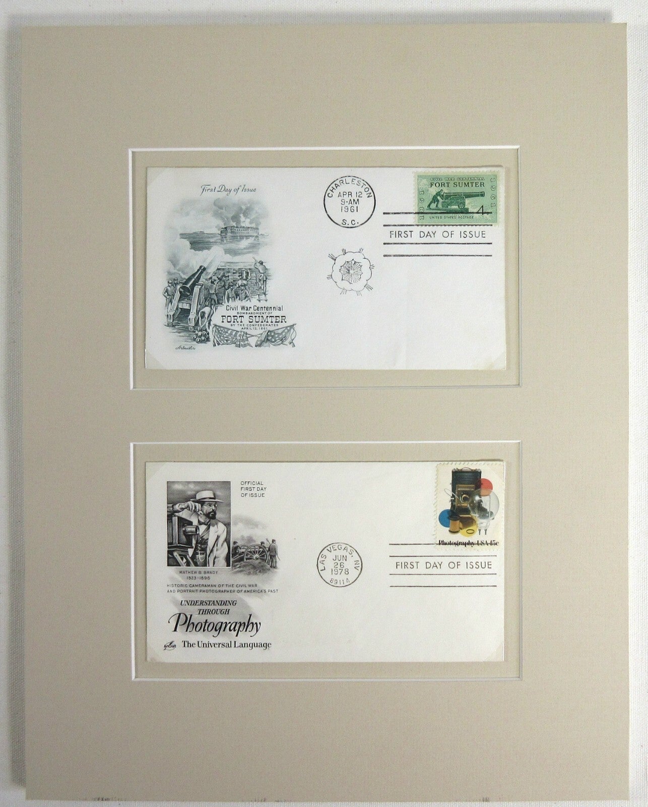 Vintage Fort Sumter First Day USPS stamps photography print in 11x14 archival mat – wall art for stamp collectors