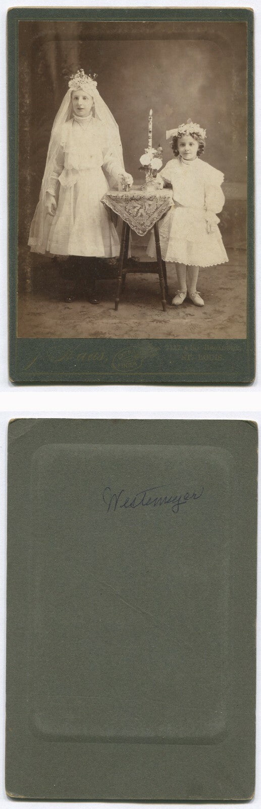 YOUNG GIRLS COMMUNION PHOTO. CABINET CARD. ST LOUIS, MO.