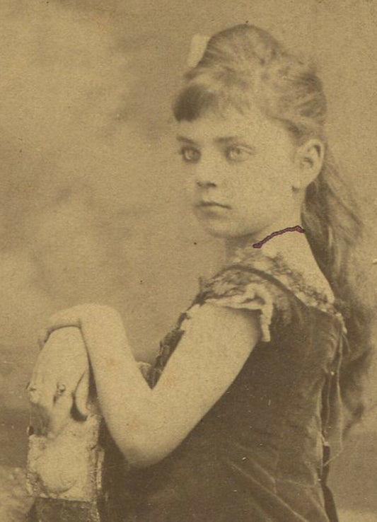 BERTIE RINEHART, GIRL POSED IN PRETTY DRESS.