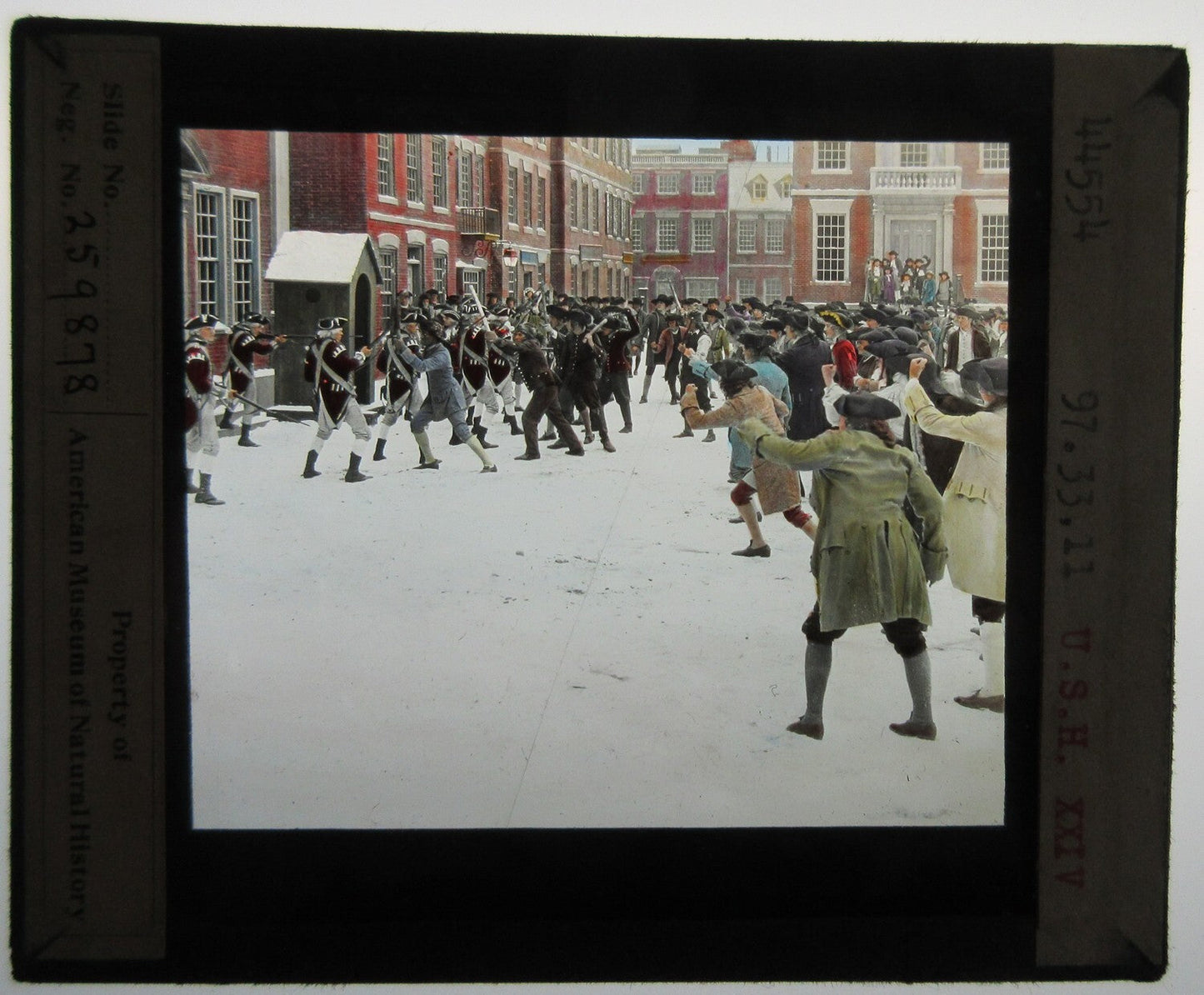Vintage magic lantern slide - Actors portray colonist fighting British, tinted on glass