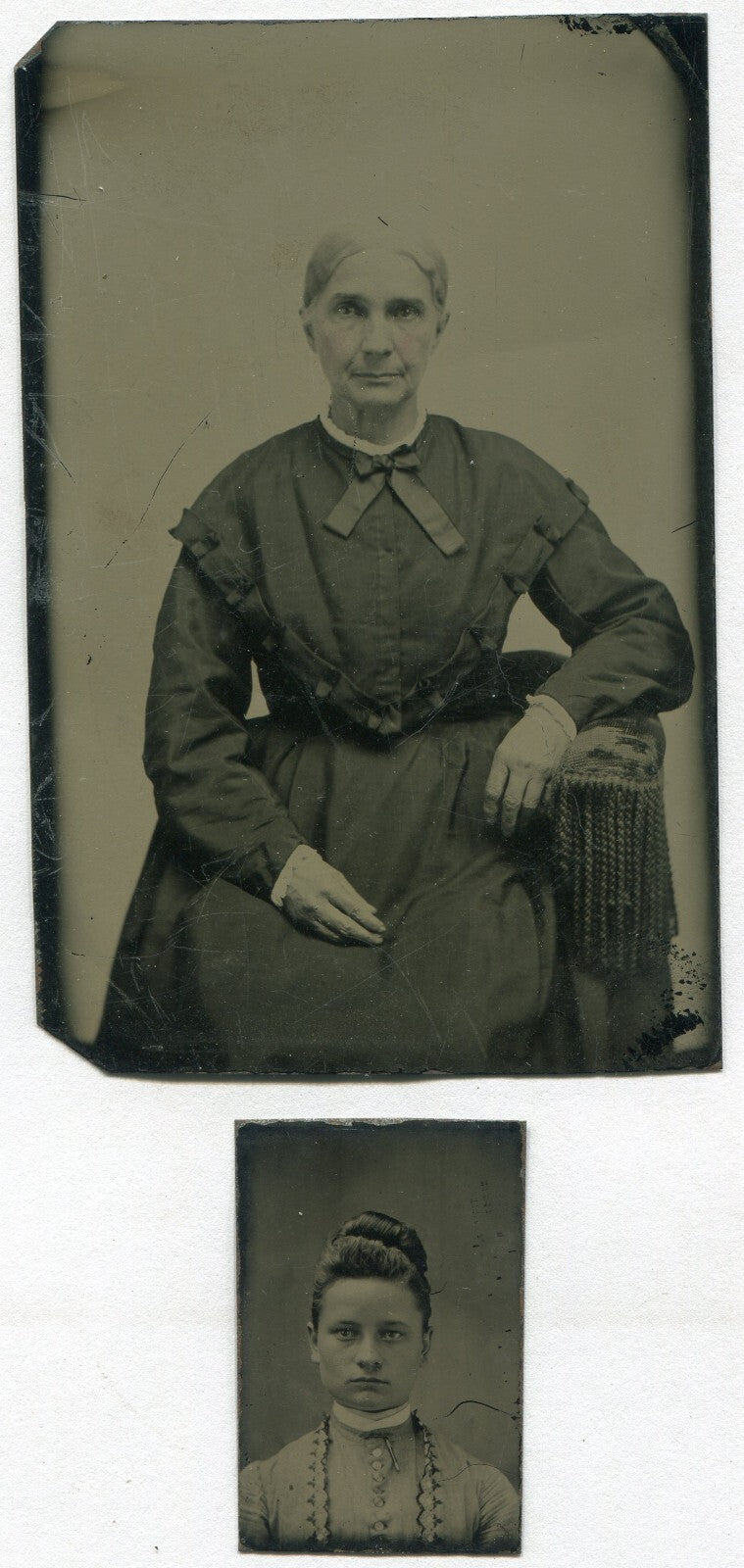 Vintage Tintype Photo - Tinted Older Gray-Haired Woman in Bow Tie, Original,