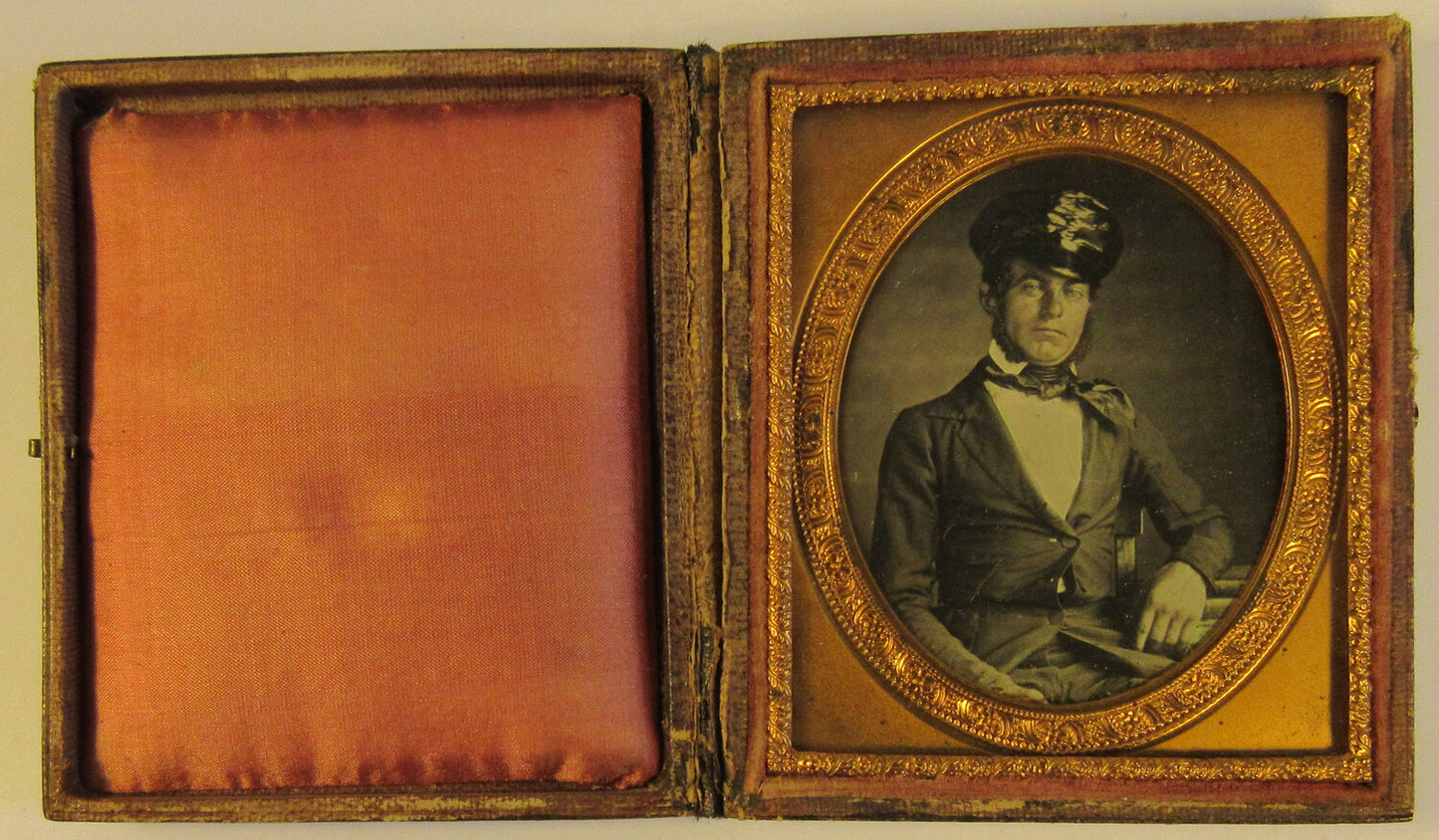 SHIPS CAPTAIN. CRISP, TINTED 6TH PLATE DAGUERREOTYPE, FULL CASE.
