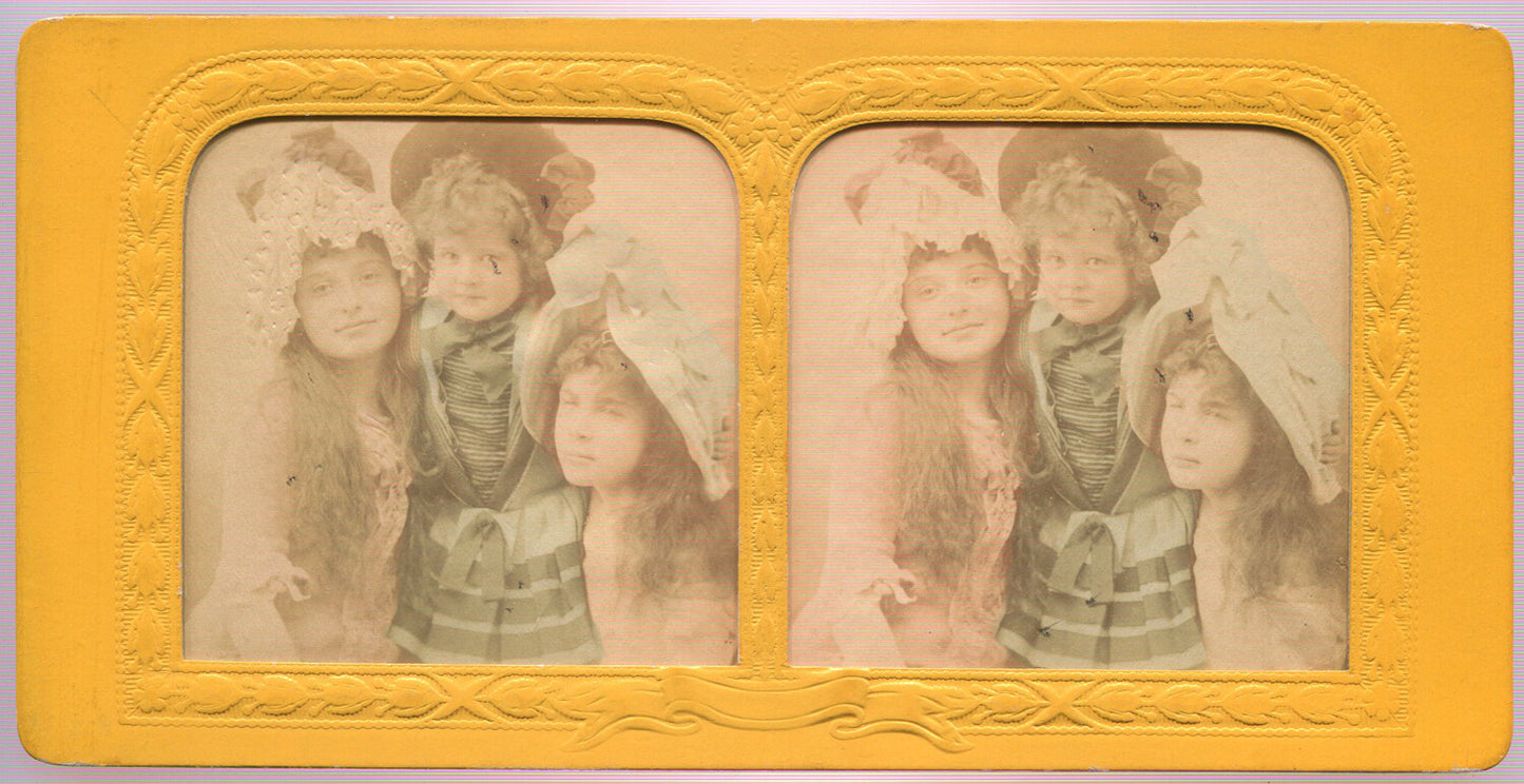 CUTE LITTLE GIRLS IN FANCY HATS. TINTED STEREOVIEW TISSUE.