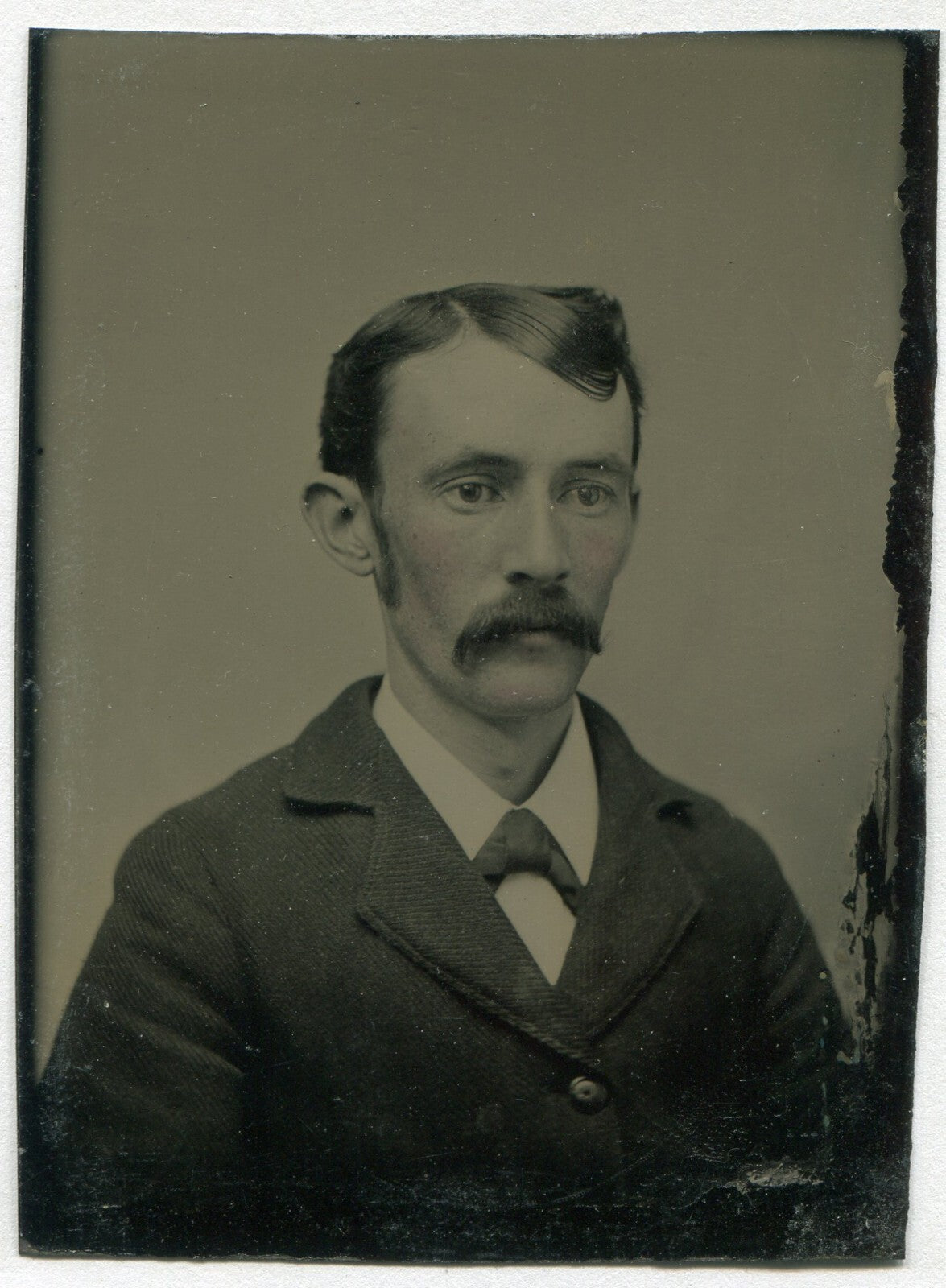 Vintage Tintype Portrait of Long Faced Man with Big Mustache Tintype Photo