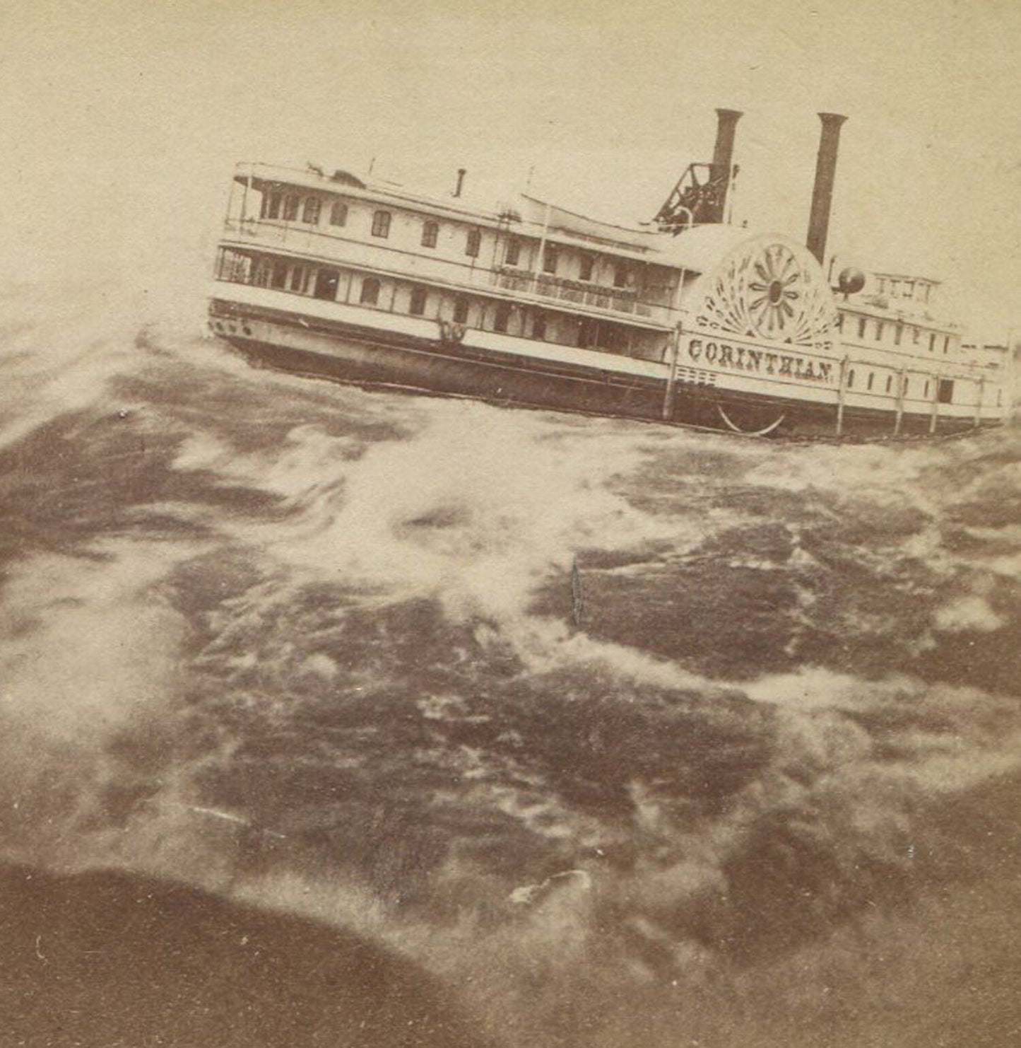 STEAMBOAT ON ROUGH SEA. EARLY DARKROOM MAGIC. STEREOVIEW.