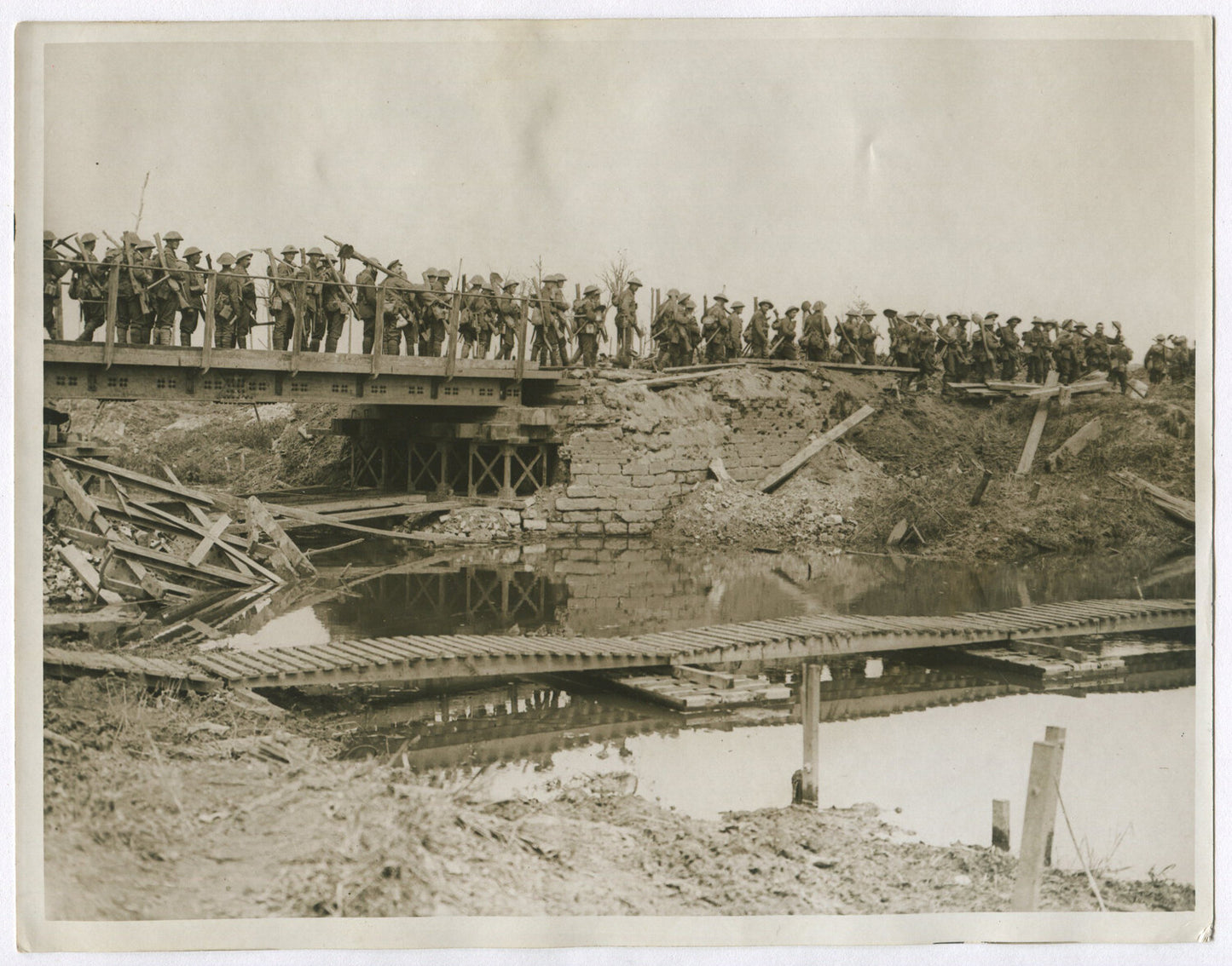 Vintage WWI Photo: British Troops Cross a Canal at the Battle of Flanders - 8x10