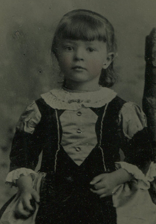 YOUNG GIRL, RUSTIC PHOTO STUDIO SETTING. 10X7 IN.TINTED FULL PLATE TINTYPE.