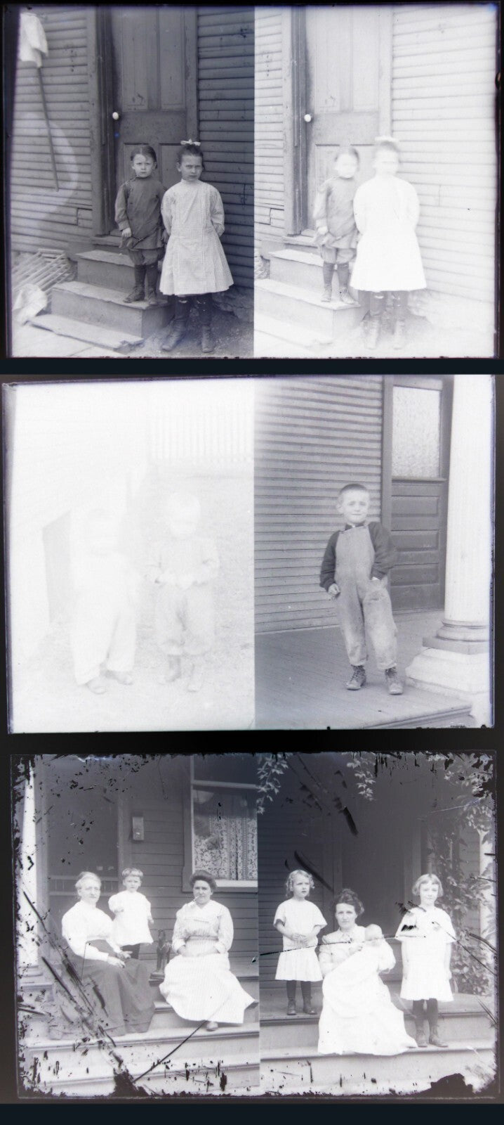 Vintage 3 Set 5x7 Glass Negative Old Photo Front Porch Parents Children