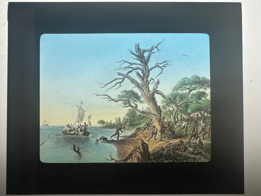 Tinted Lantern Slide: HISTORY'S UNSOLVED MYSTERY  "Landing In Virginia" 1584