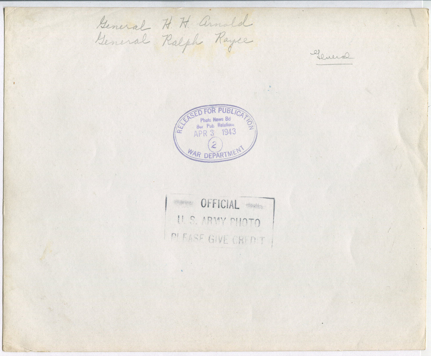 WWII U.S. GENERALS, ARNOLD AND ROYCE, 1943. 8X10 B&W.
