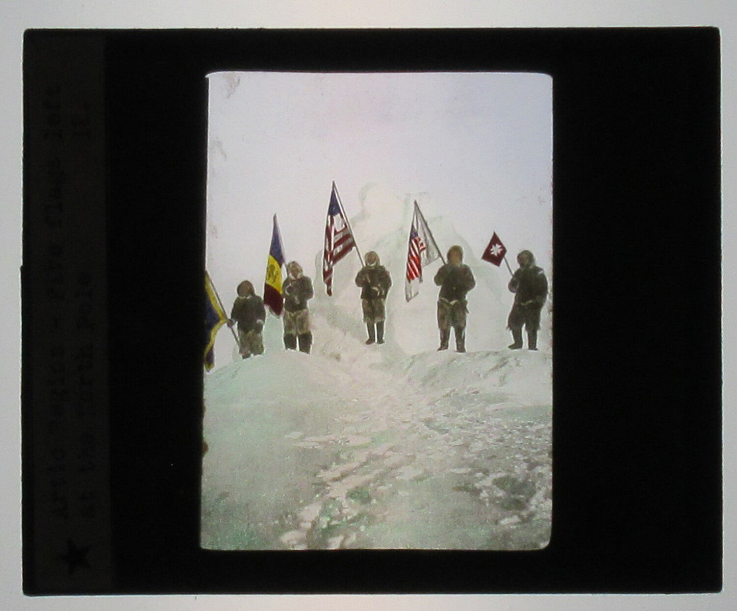 Vintage Robert Peary & Crew Arctic Lantern Slide - Tint, Five Flags, 3.25x4 in, Authentic Photo