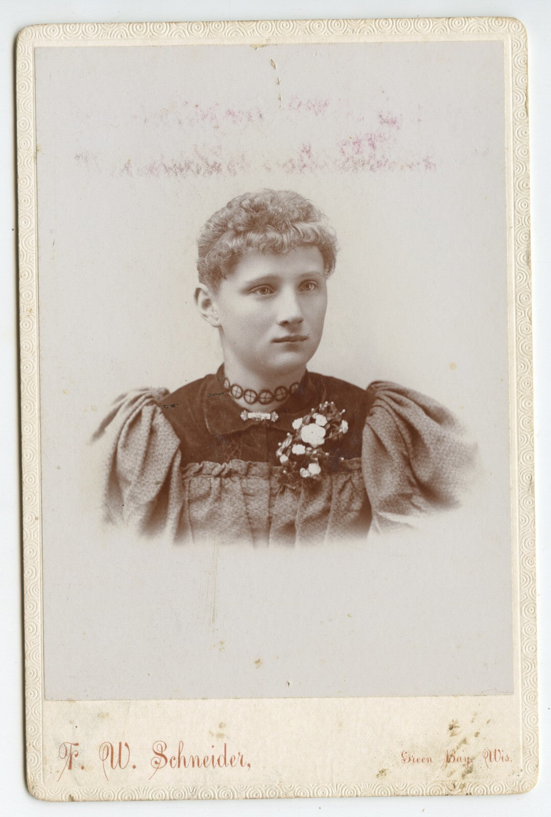 FROM GREEN BAY, WIS, PHOTO LADY W/ CORSAGE, NAME ON BACK ADOLPH B.