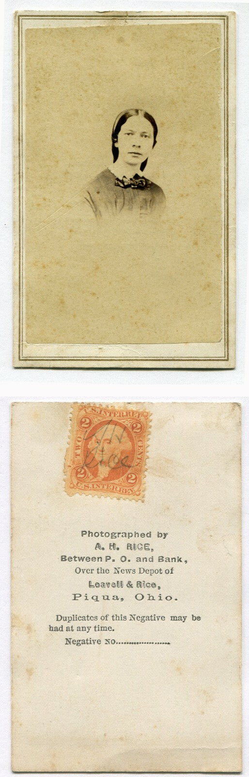 CIVIL WAR ERA TAX STAMP, CDV. YOUNG WOMAN, FURROWED BROW. PIQUA, OHIO.