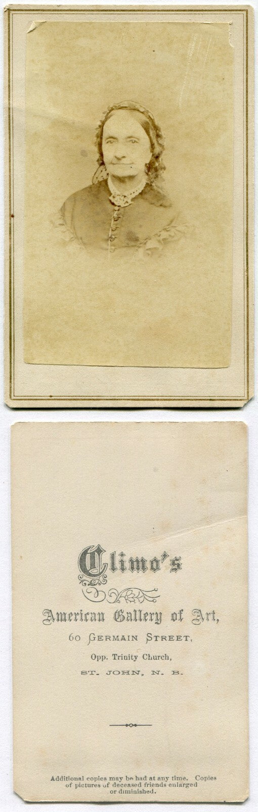 OLDER WOMAN, SLIGHT SMILE, ORNATE COLLAR PIN. CDV. ST. JOHN, NEW BRUNSWICK, CANA